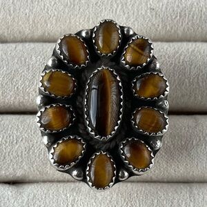 Vintage Zuni Cluster Petit Point Sterling Silver Tiger’s Eye Statement Ring 8.5